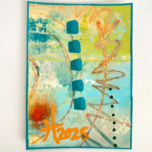 ACEO Original Acrylic Mixed Media Art Tristina Dietz Elmes ATC Blue Orange Green - Picture 1 of 3